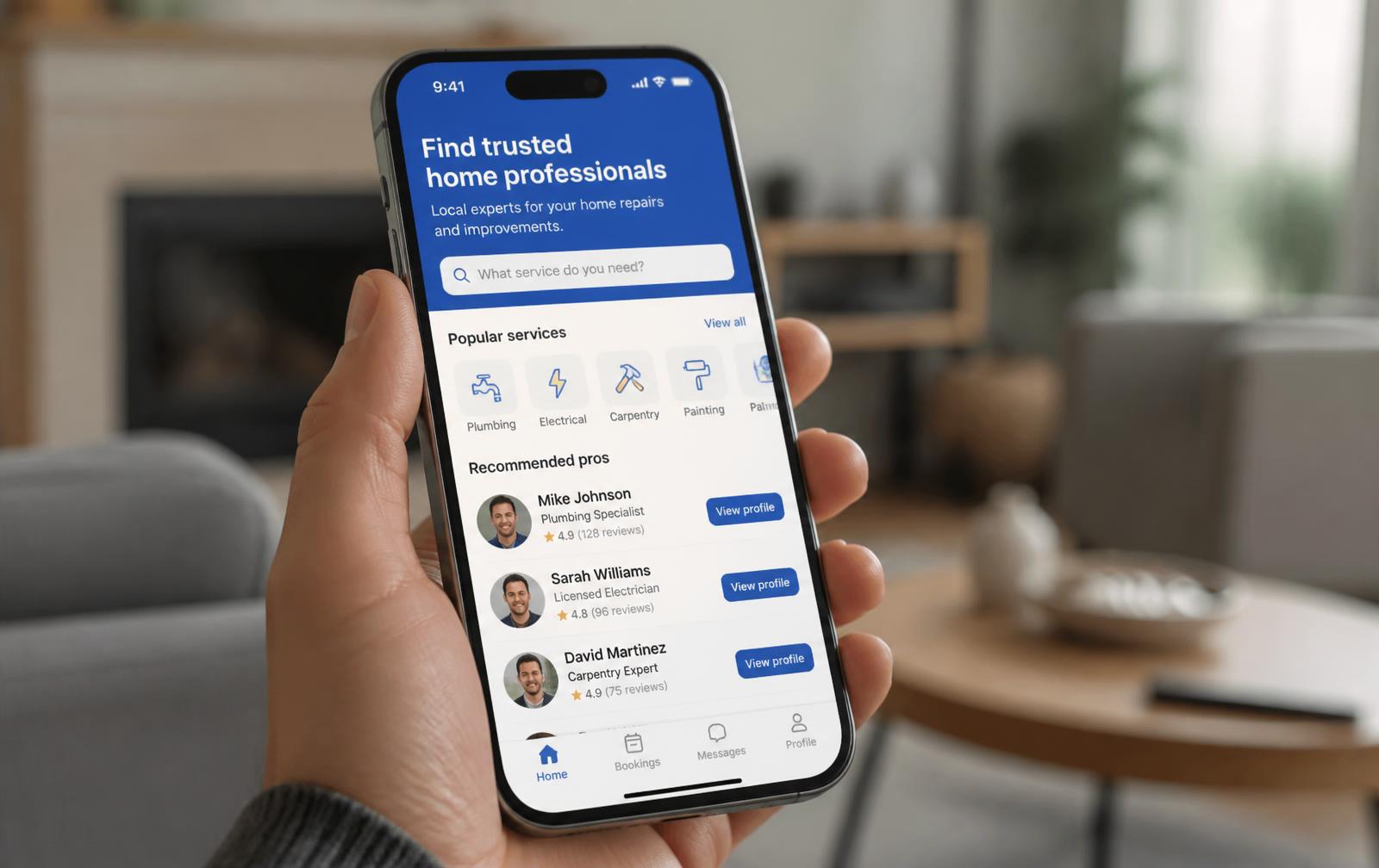 Mano sosteniendo un móvil con el listado de profesionales de la app Jobin
