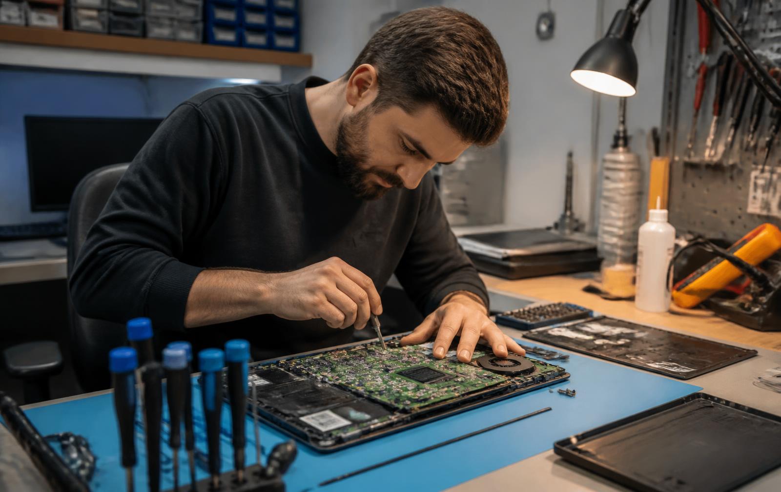 Técnico reparando la placa base de un portátil abierto en un taller de electrónica